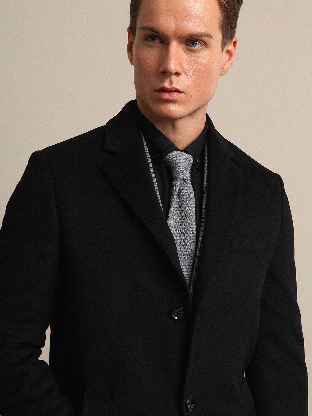 Black Regular Fit Casual Weaving Overcoat - 1