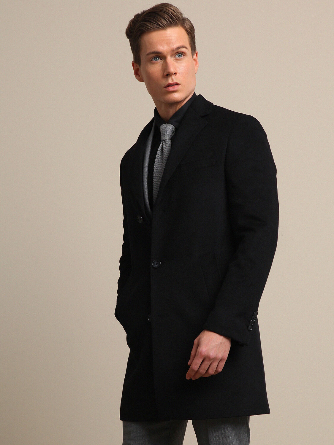 Black Regular Fit Casual Weaving Overcoat - 2