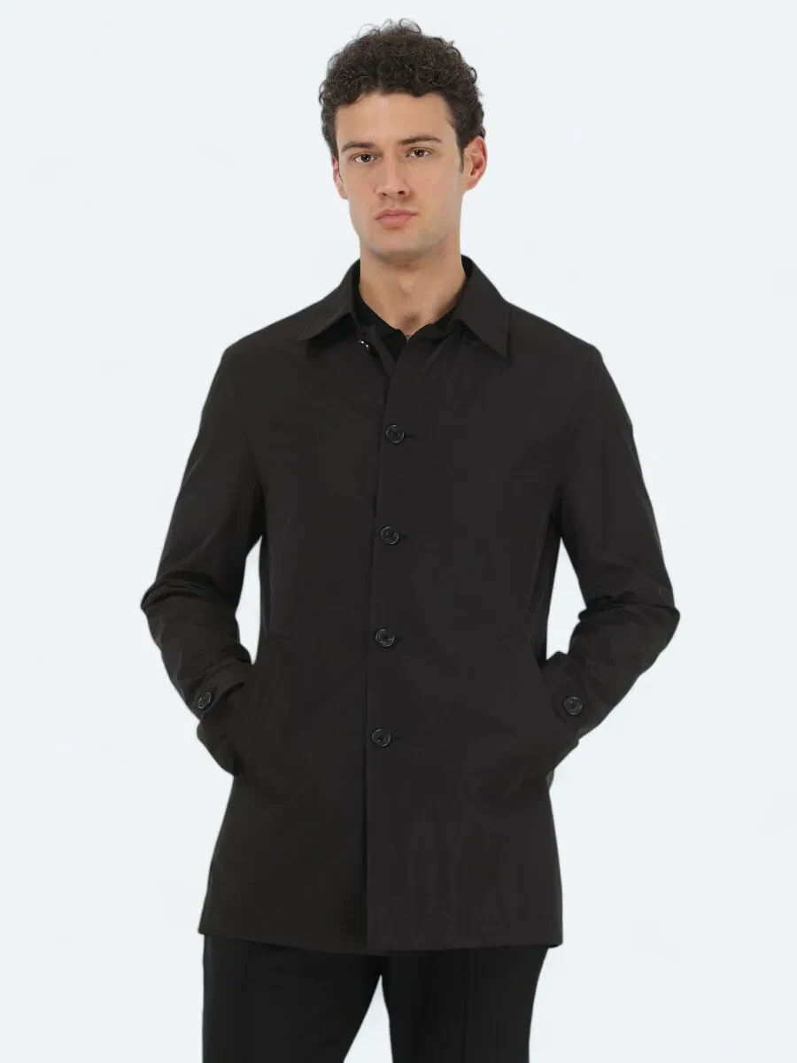 Black Regular Fit Casual Weaving Rain Coat - 1