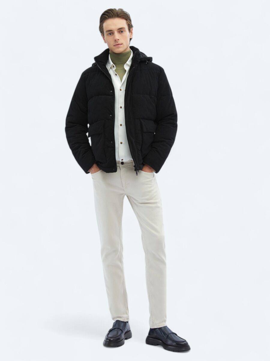 Black Regular Fit Casual Weaving Removable Hood Coat - 2