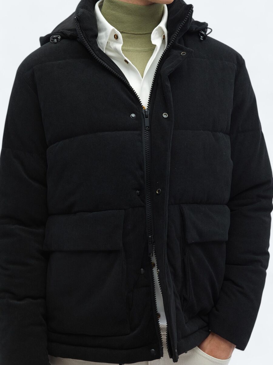 Black Regular Fit Casual Weaving Removable Hood Coat - 4