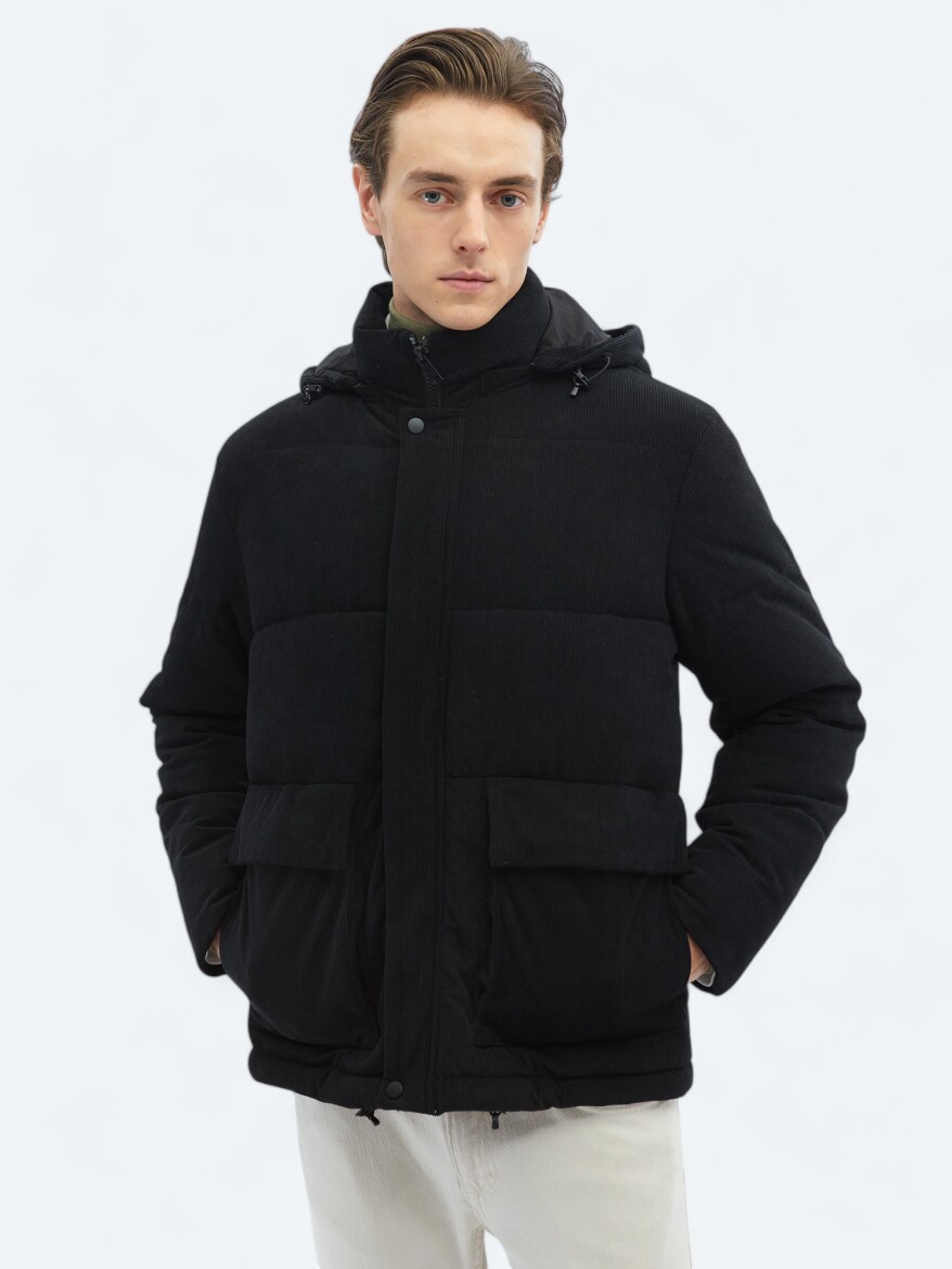 Black Regular Fit Casual Weaving Removable Hood Coat - 5