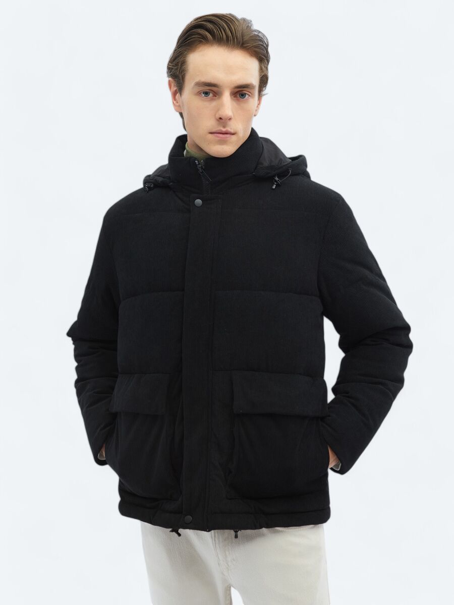 Black Regular Fit Casual Weaving Removable Hood Coat - 5
