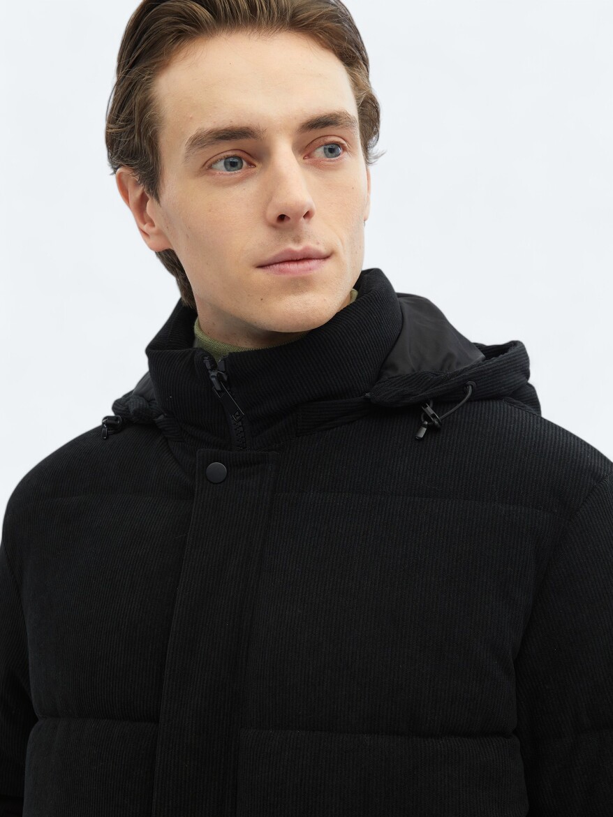 Black Regular Fit Casual Weaving Removable Hood Coat - 6