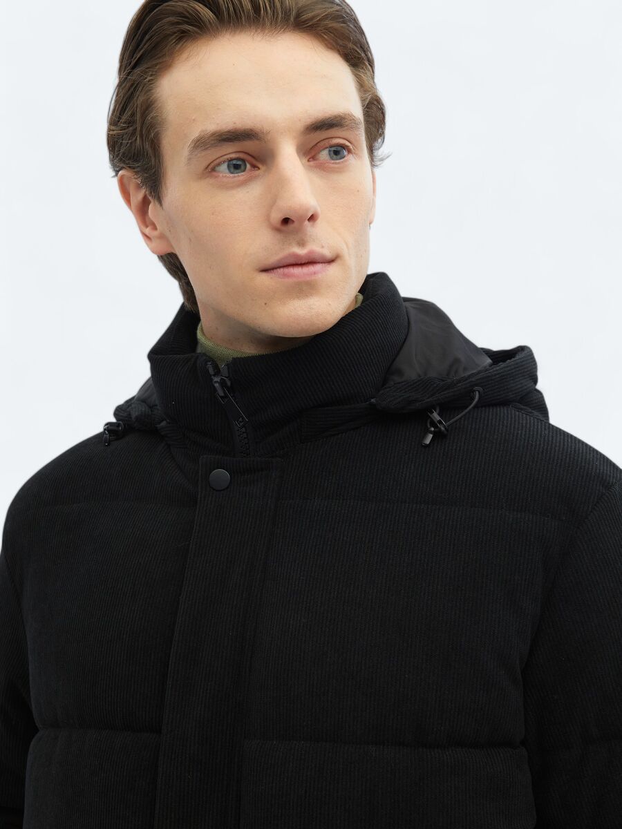 Black Regular Fit Casual Weaving Removable Hood Coat - 6