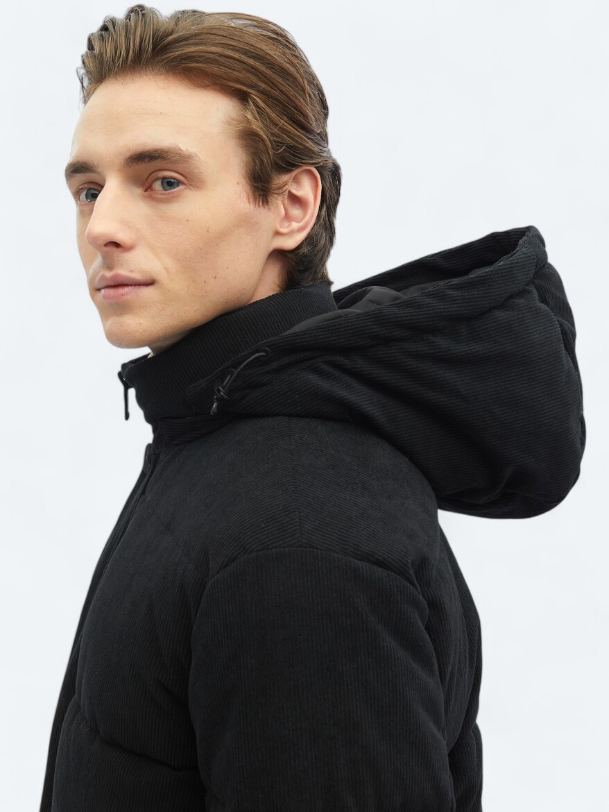 Black Regular Fit Casual Weaving Removable Hood Coat - 7