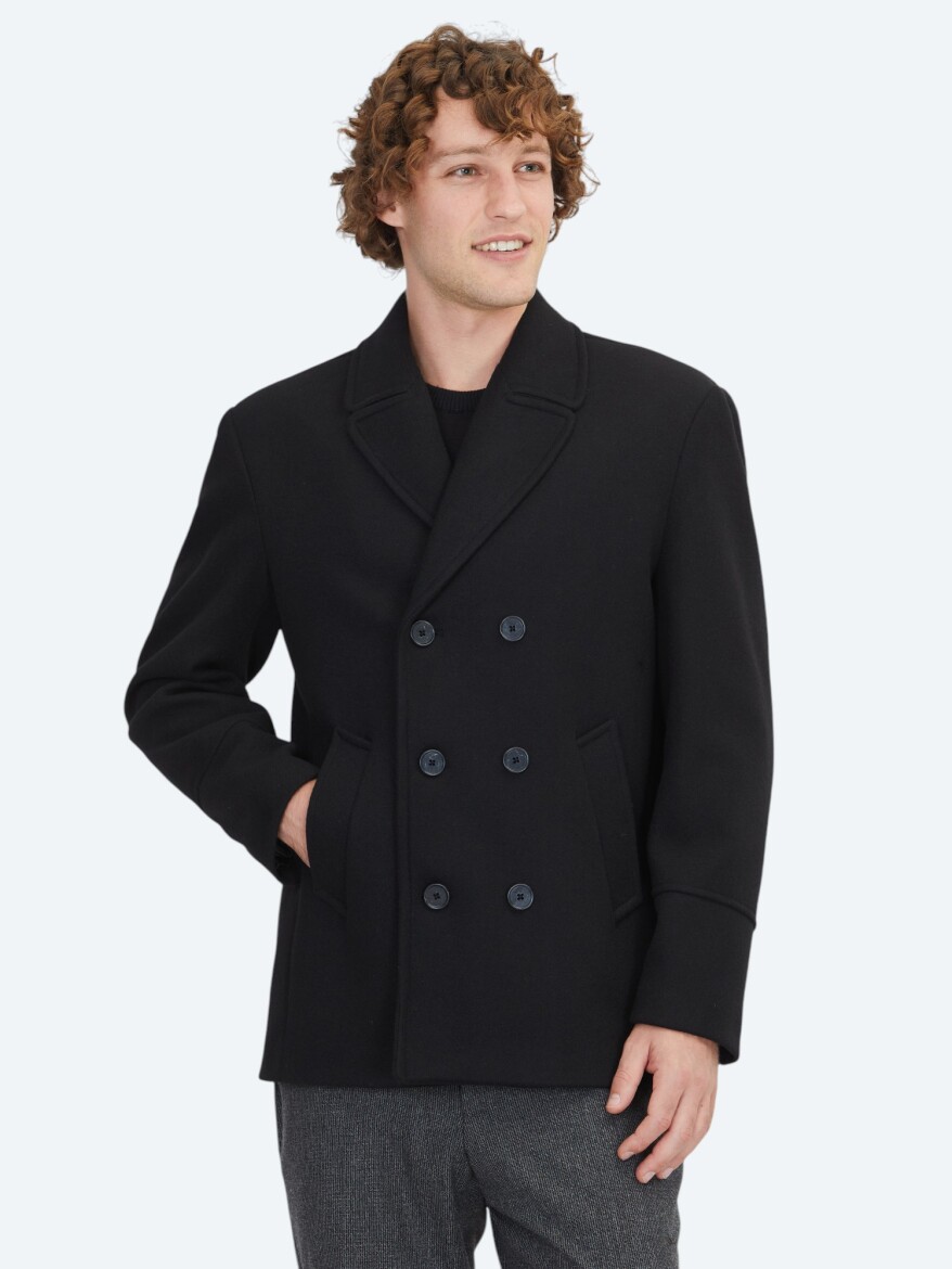 Black Regular Fit Double Breasted Collar Casual Knitting Coat 