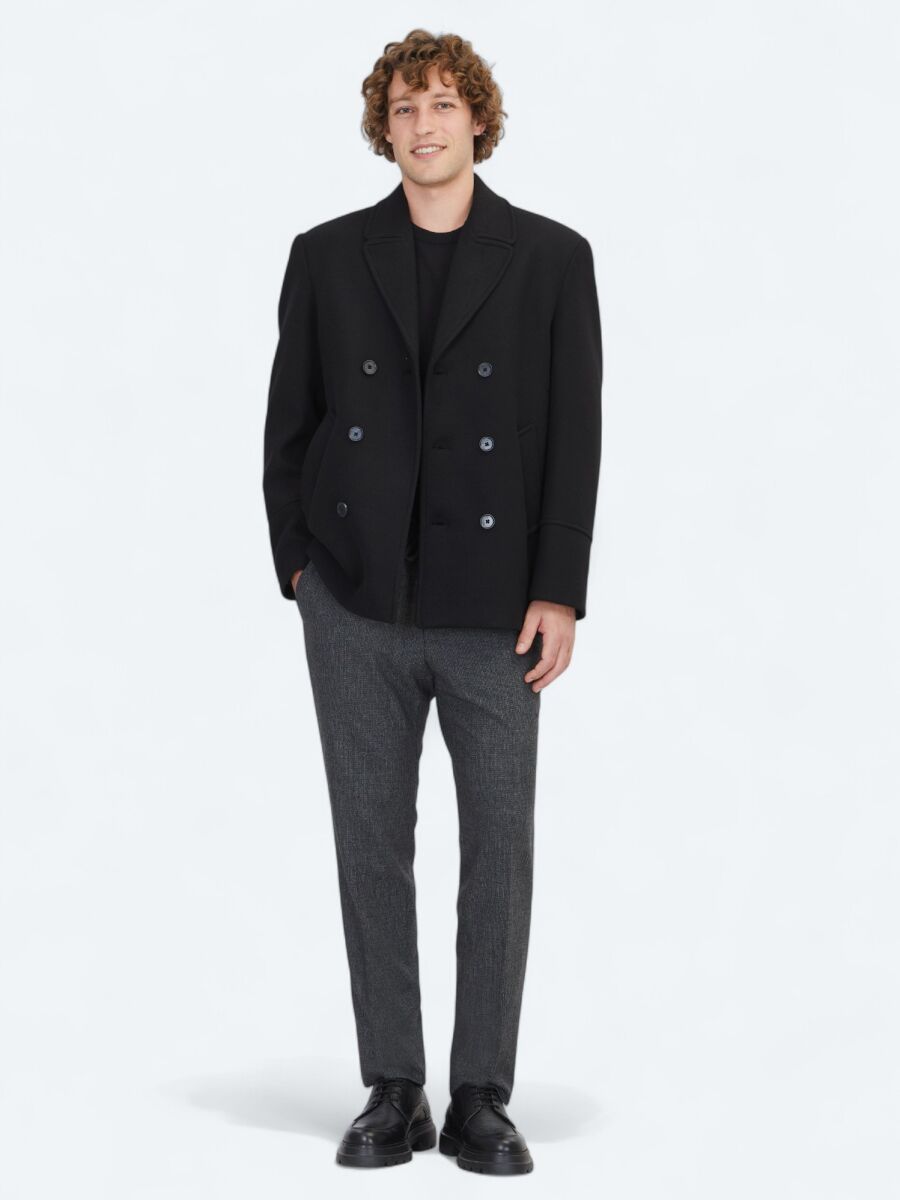 Black Regular Fit Double Breasted Collar Casual Knitting Coat - 2