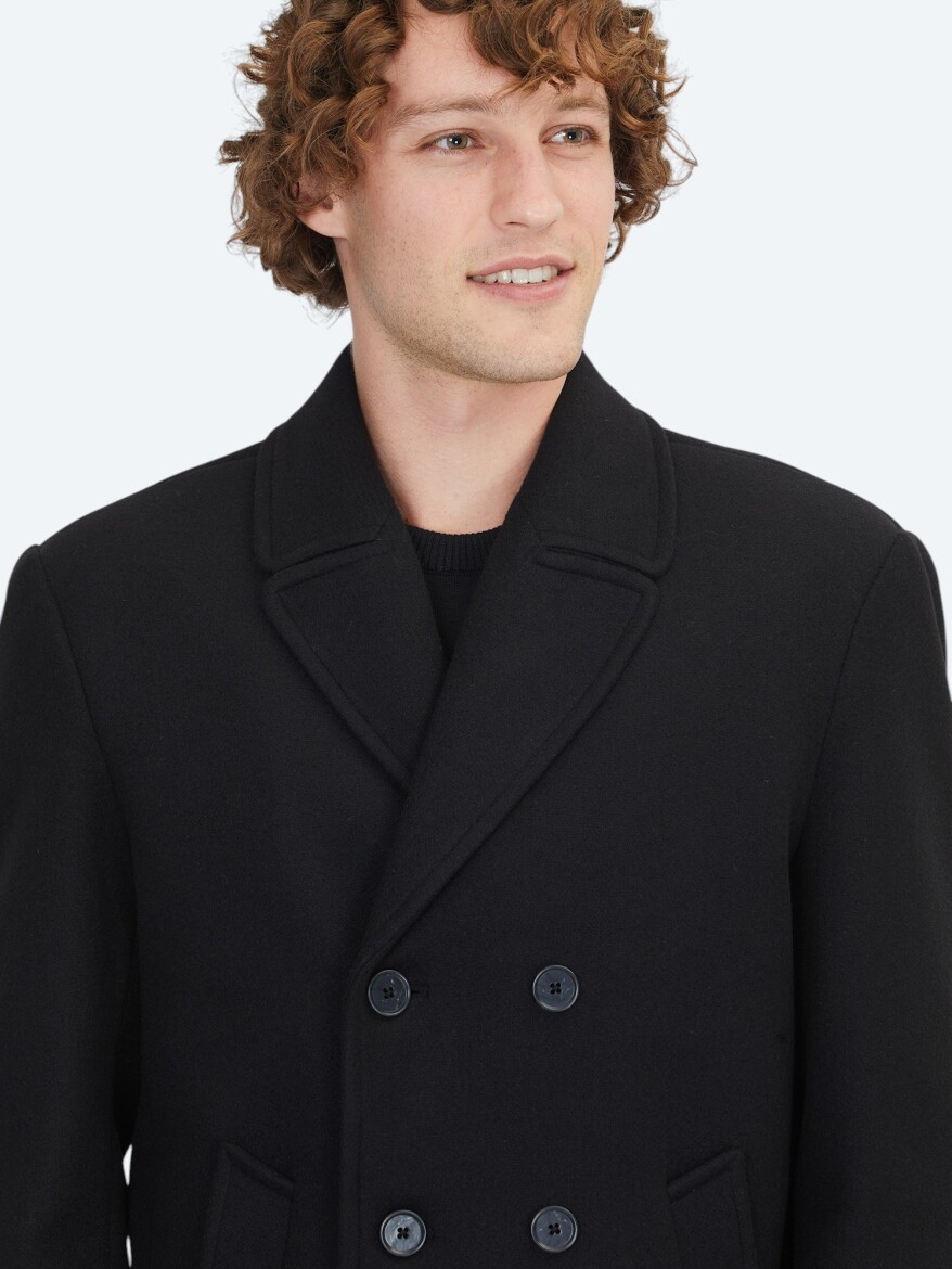 Black Regular Fit Double Breasted Collar Casual Knitting Coat - 5