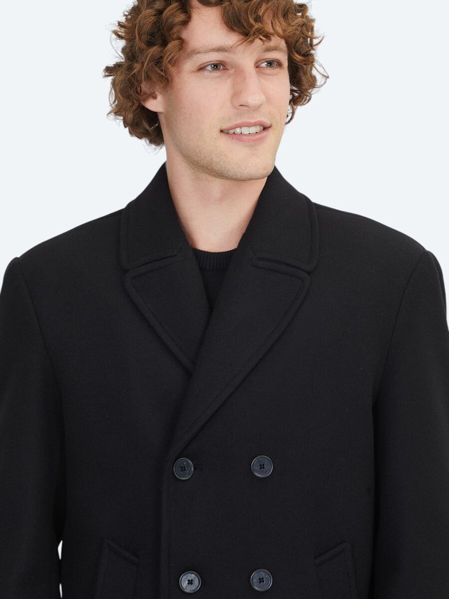 Black Regular Fit Double Breasted Collar Casual Knitting Coat - 5