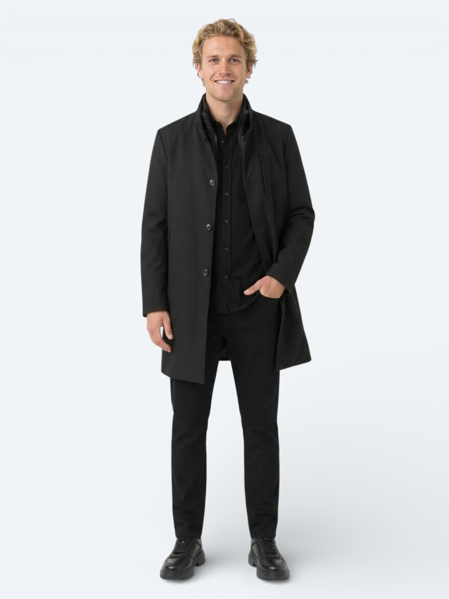 Black Regular Fit Double Breasted Collar Casual Weaving Rain Coat - KİP