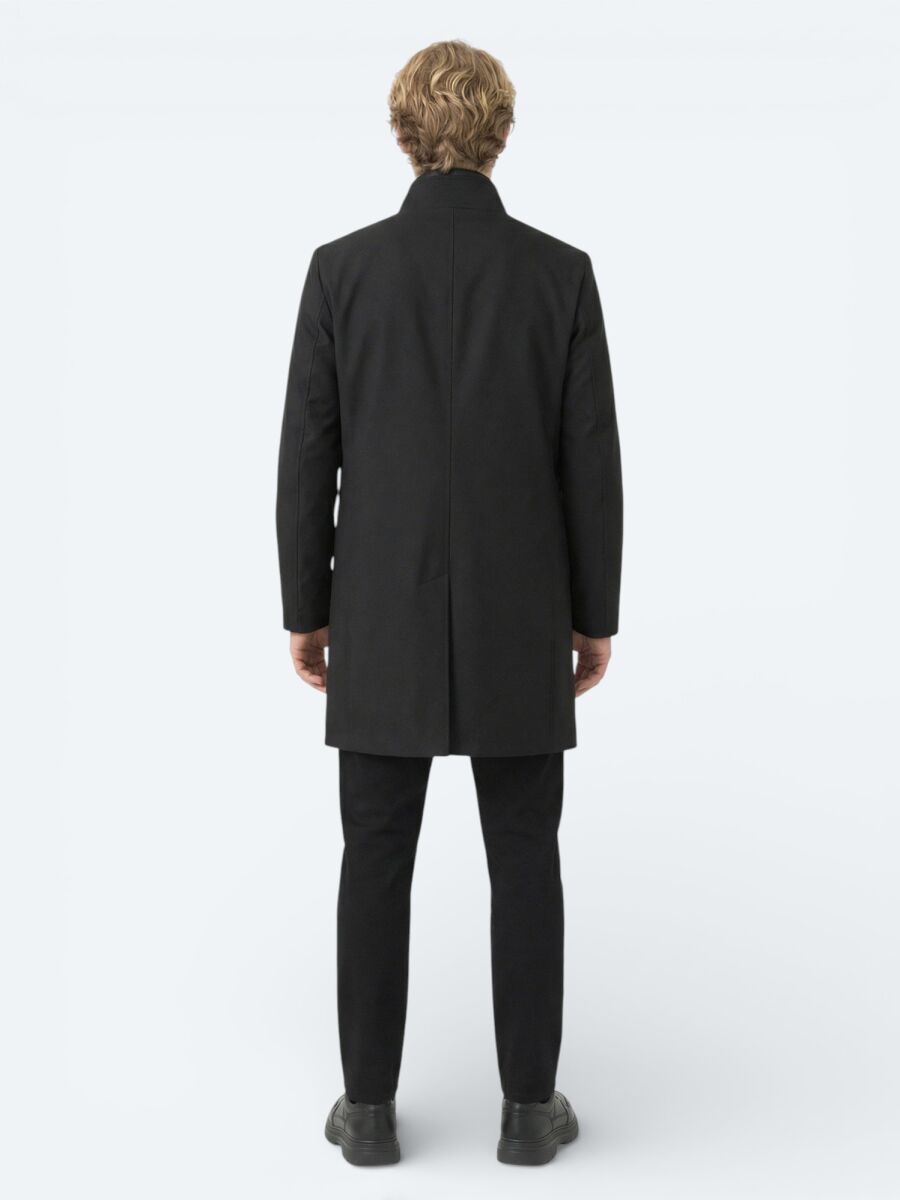 Black Regular Fit Double Breasted Collar Casual Weaving Rain Coat - 4