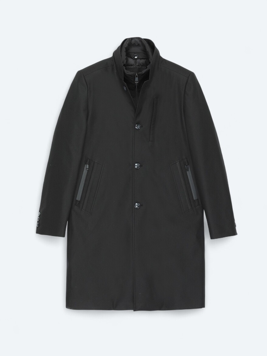 Black Regular Fit Double Breasted Collar Casual Weaving Rain Coat - 5