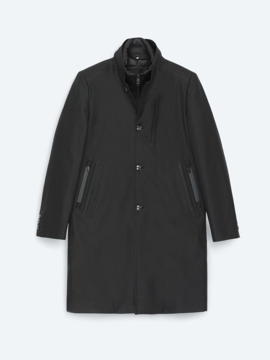 Black Regular Fit Double Breasted Collar Casual Weaving Rain Coat - 5