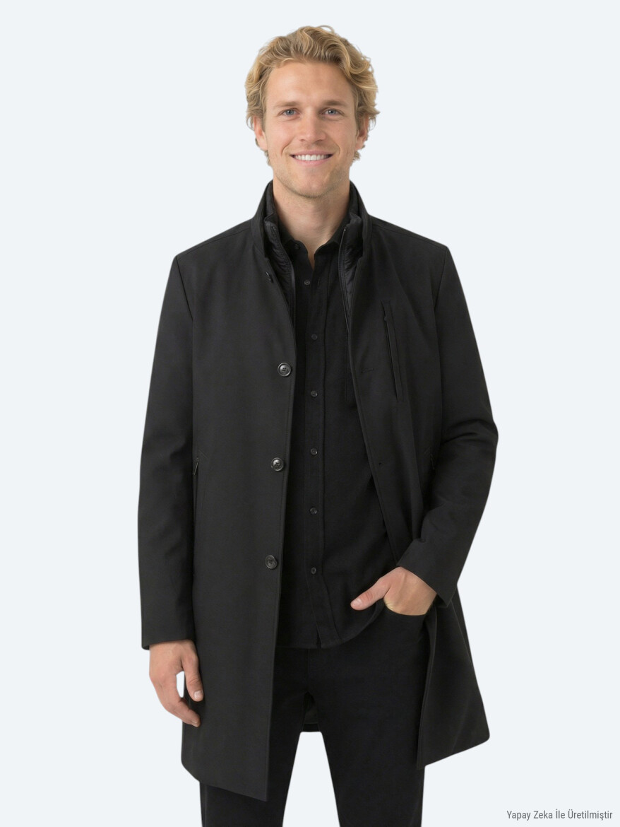 Black Regular Fit Double Breasted Collar Casual Weaving Rain Coat - 1