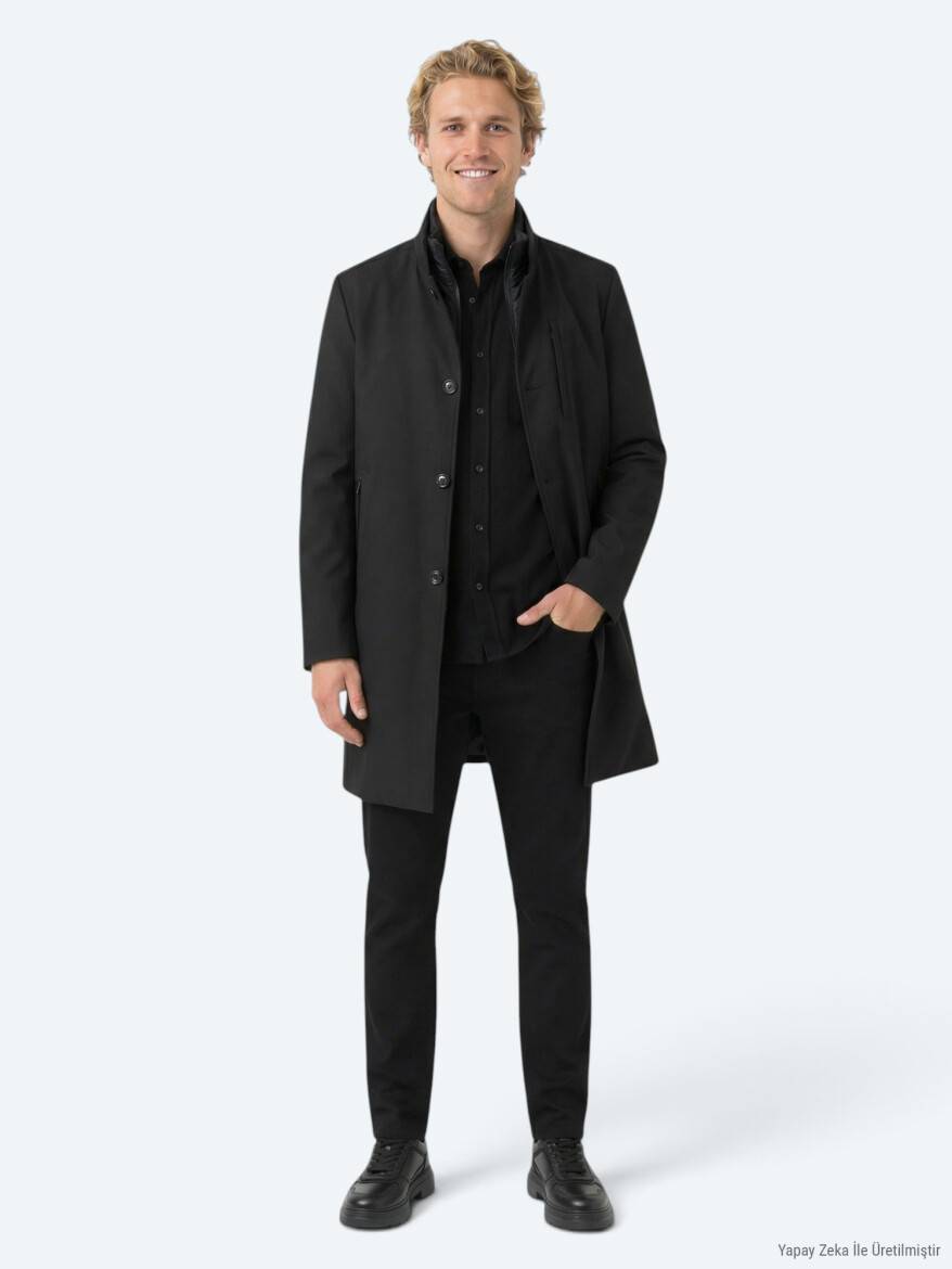 Black Regular Fit Double Breasted Collar Casual Weaving Rain Coat - 2