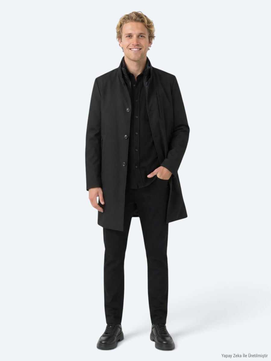 Black Regular Fit Double Breasted Collar Casual Weaving Rain Coat - 2
