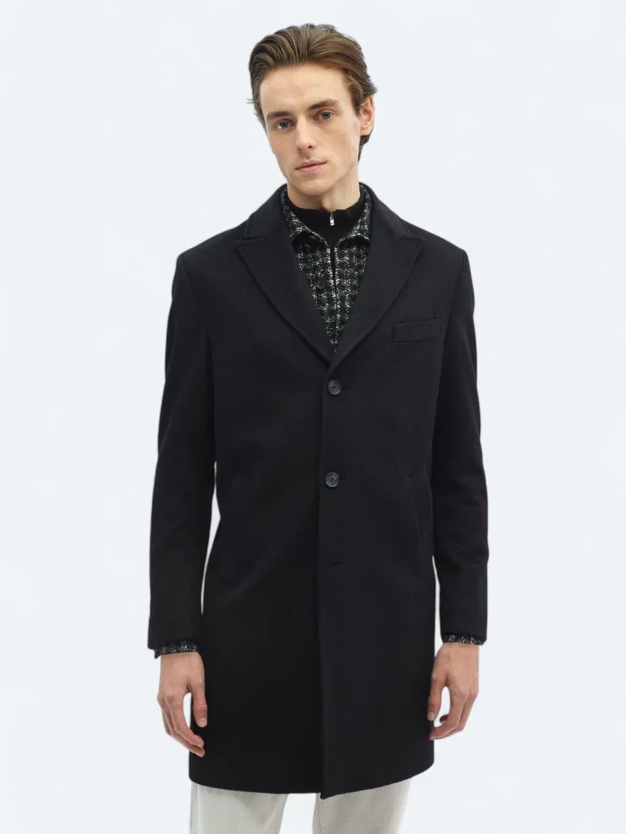 Black Regular Fit Double Breasted Collar Classical Weaving Overcoat - 5