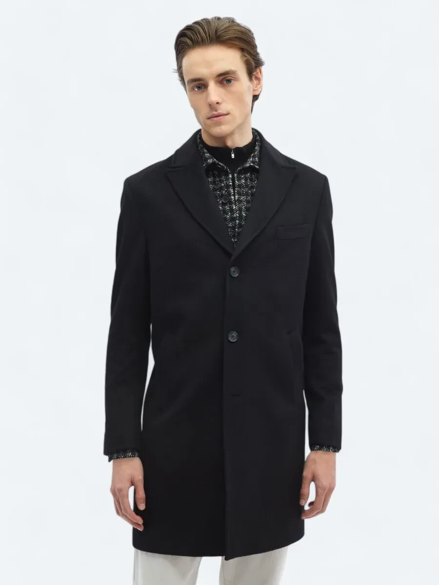 Black Regular Fit Double Breasted Collar Classical Weaving Overcoat - 5