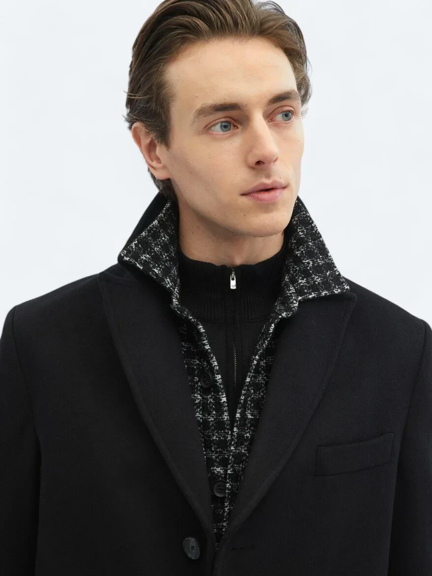 Black Regular Fit Double Breasted Collar Classical Weaving Overcoat - 8