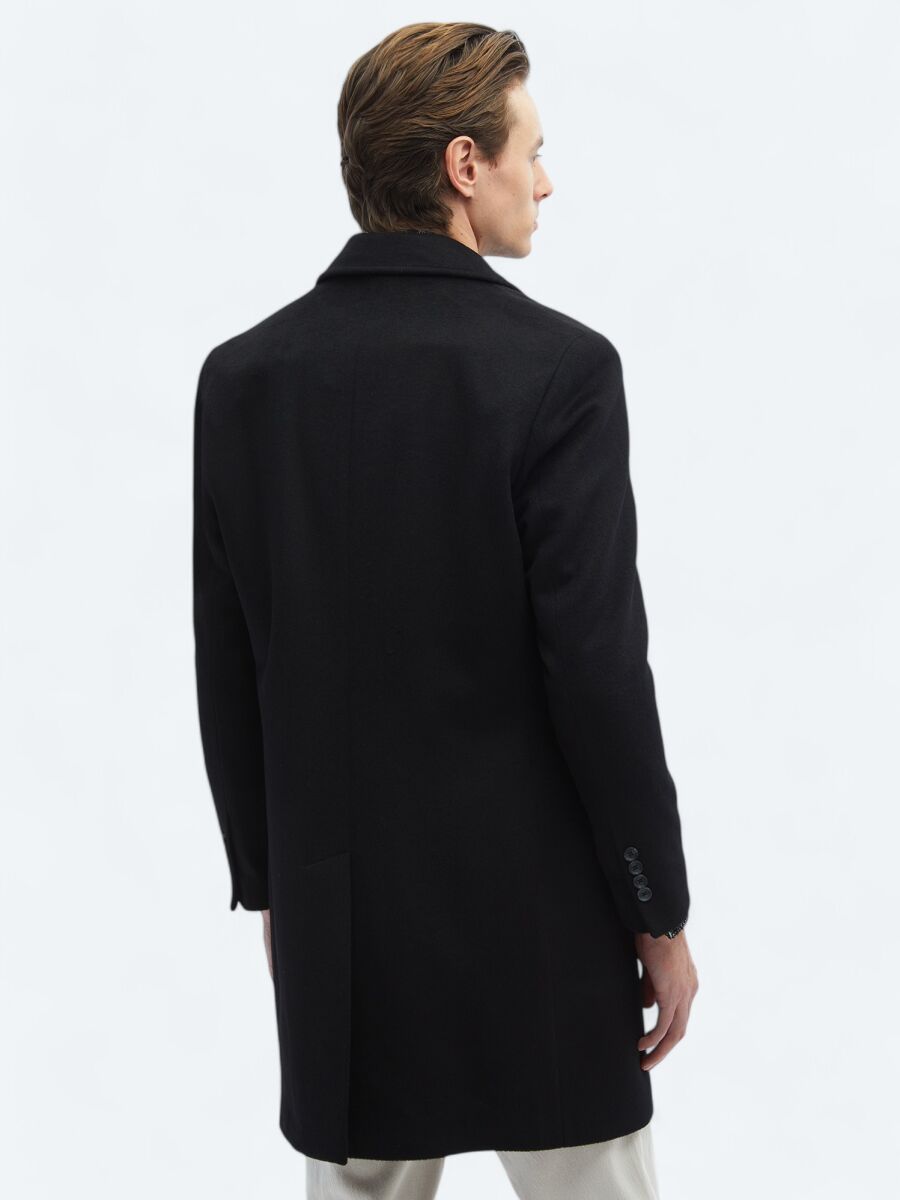 Black Regular Fit Double Breasted Collar Classical Weaving Overcoat - 9