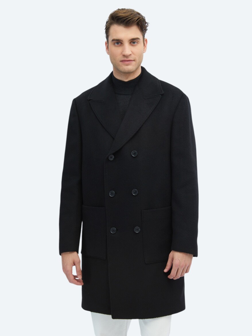 Black Regular Fit Double Breasted Collar Classical Weaving Overcoat - 1
