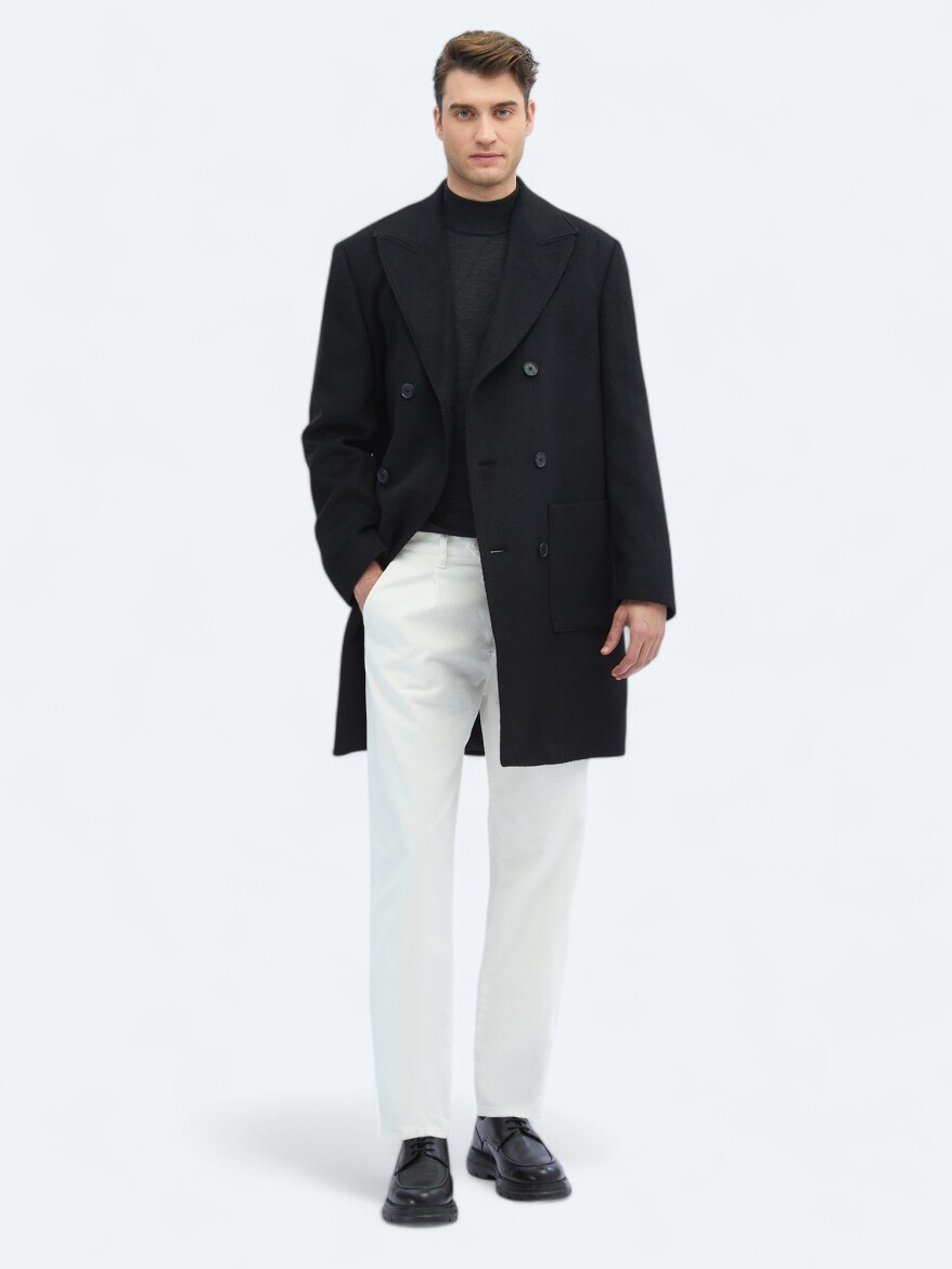 Black Regular Fit Double Breasted Collar Classical Weaving Overcoat - 2