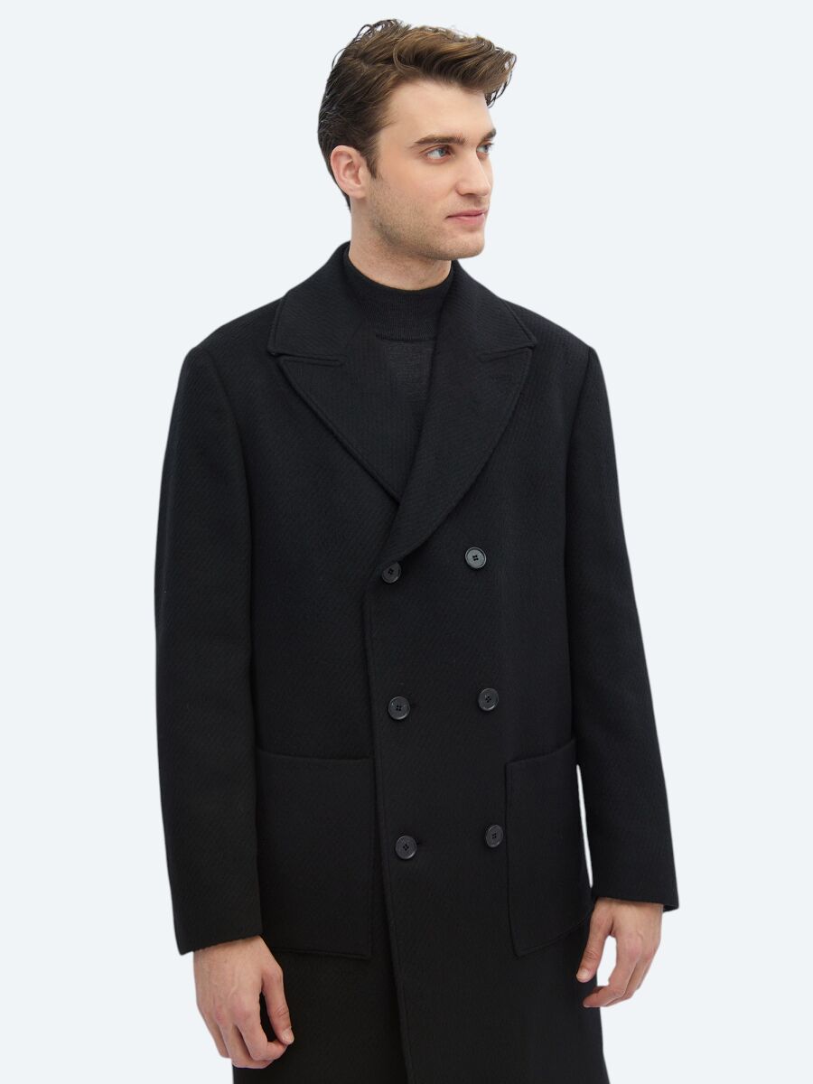 Black Regular Fit Double Breasted Collar Classical Weaving Overcoat - 3