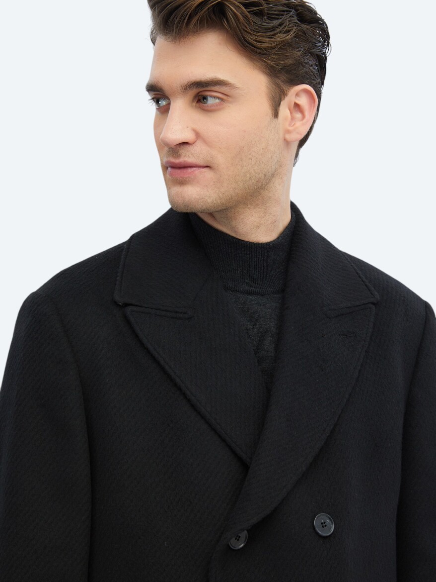 Black Regular Fit Double Breasted Collar Classical Weaving Overcoat - 4