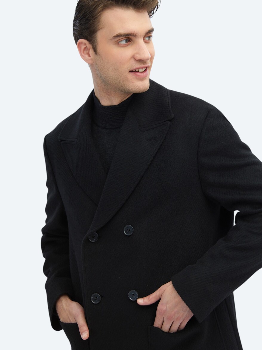 Black Regular Fit Double Breasted Collar Classical Weaving Overcoat - 5