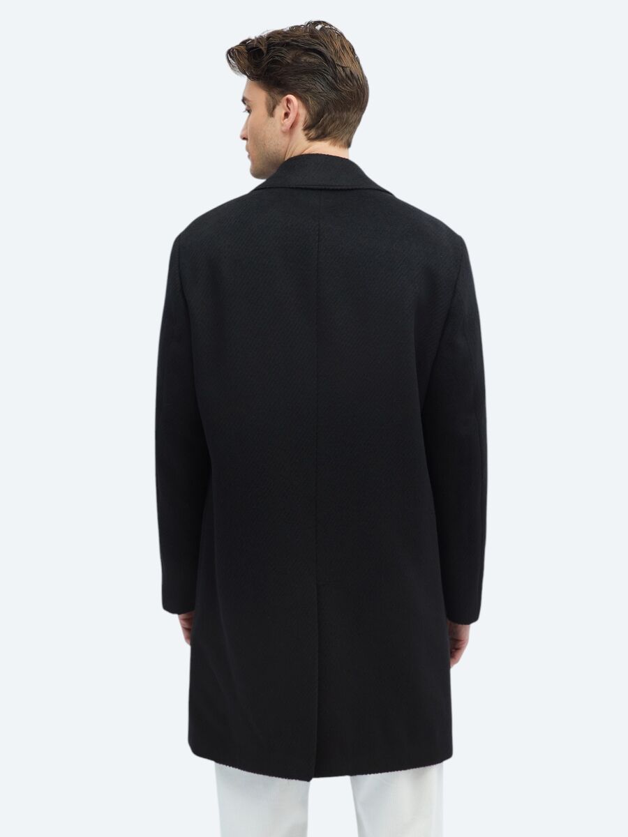 Black Regular Fit Double Breasted Collar Classical Weaving Overcoat - 6