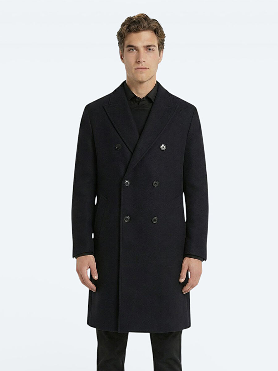 Black Regular Fit Double Breasted Collar Classical Weaving Overcoat - 3