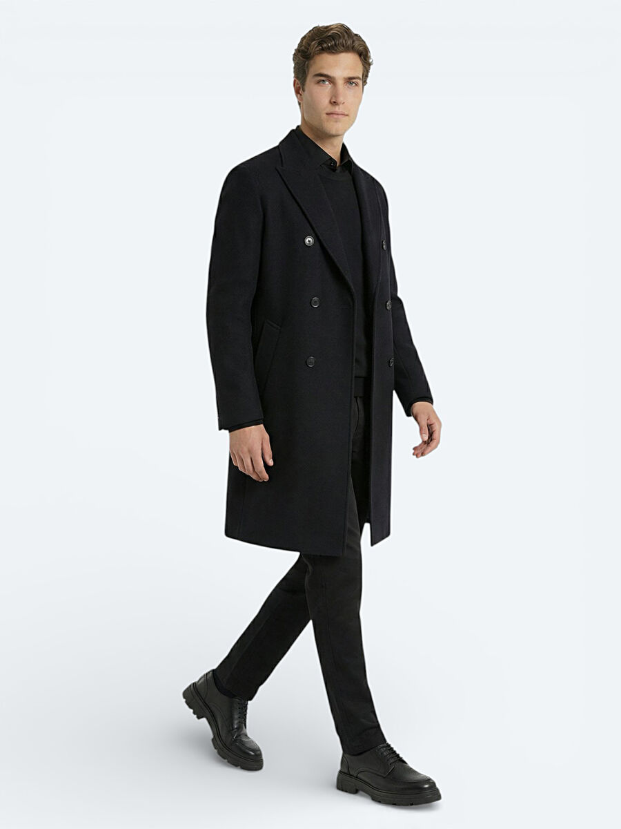 Black Regular Fit Double Breasted Collar Classical Weaving Overcoat - 1