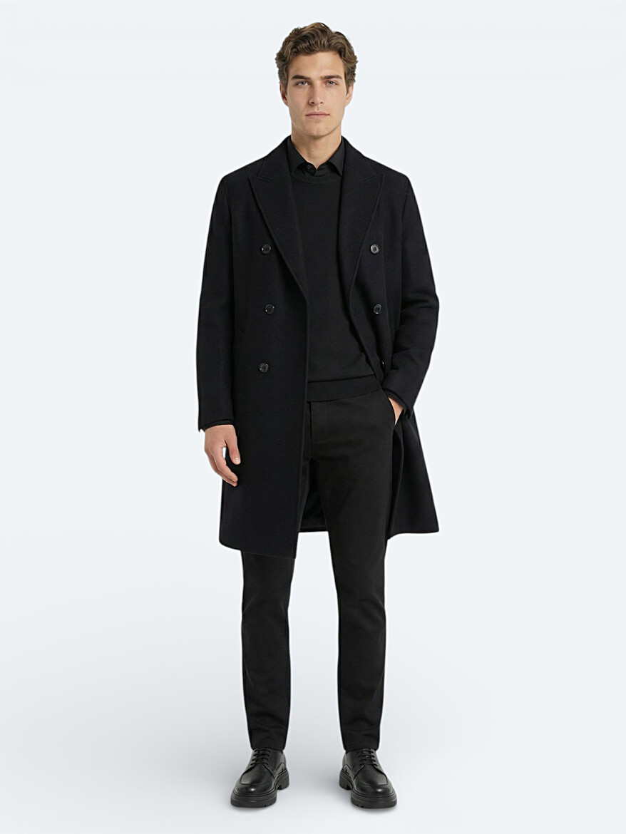 Black Regular Fit Double Breasted Collar Classical Weaving Overcoat - 2
