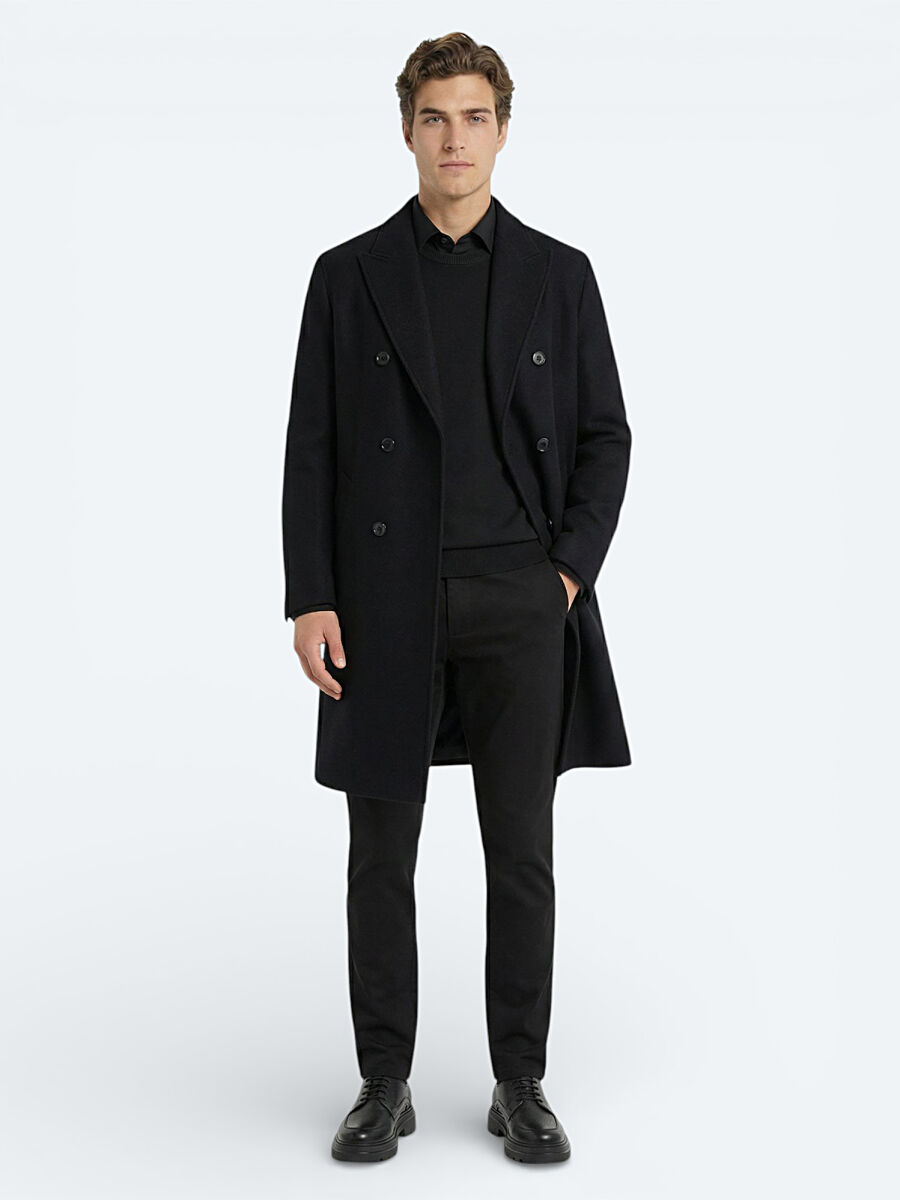 Black Regular Fit Double Breasted Collar Classical Weaving Overcoat - 2