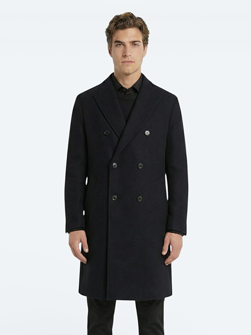 Black Regular Fit Double Breasted Collar Classical Weaving Overcoat - 3