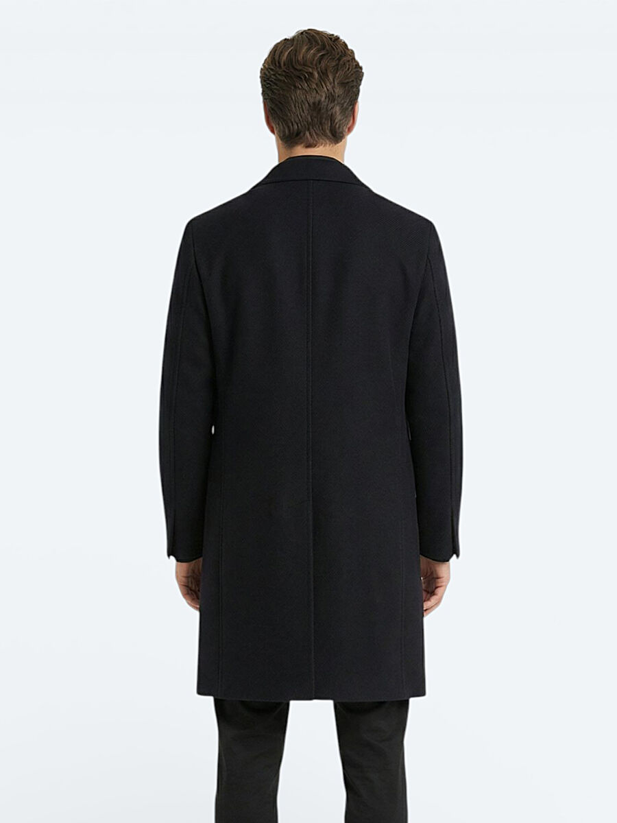 Black Regular Fit Double Breasted Collar Classical Weaving Overcoat - 4