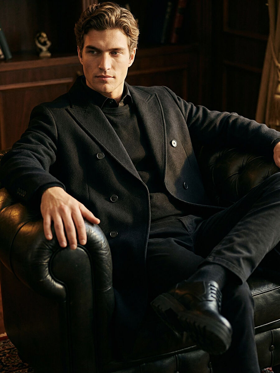 Black Regular Fit Double Breasted Collar Classical Weaving Overcoat - 5