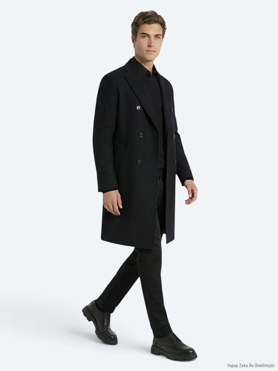 Black Regular Fit Double Breasted Collar Classical Weaving Overcoat - 1