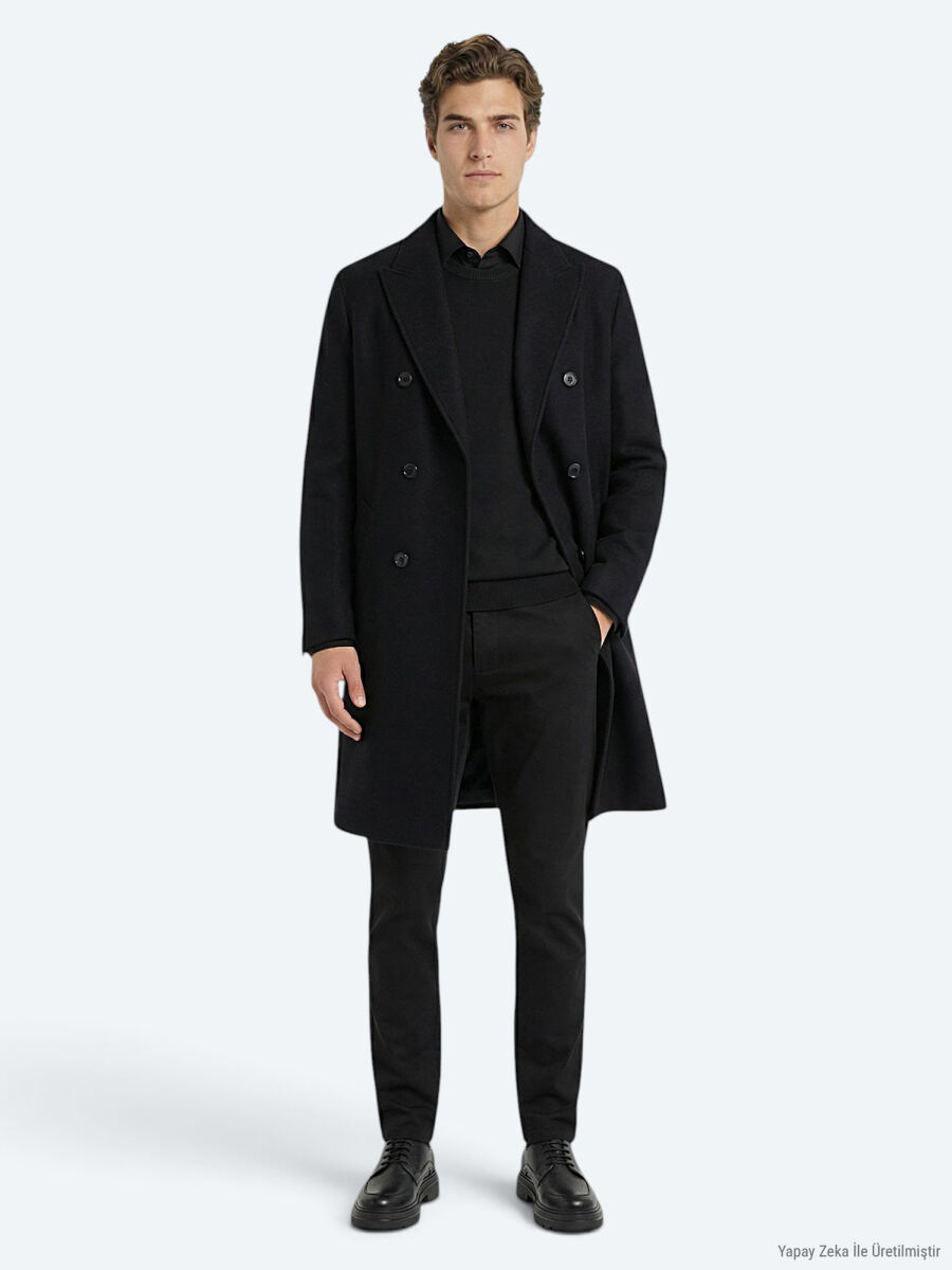 Black Regular Fit Double Breasted Collar Classical Weaving Overcoat - 2