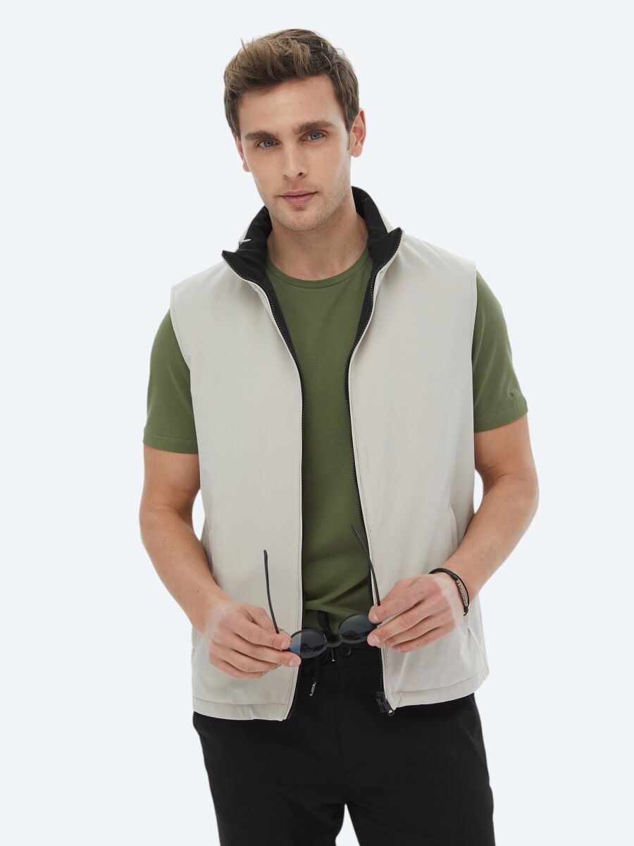 Black Regular Fit Hidden Hood Casual Weaving Double-Sided Puffer Vest - 2