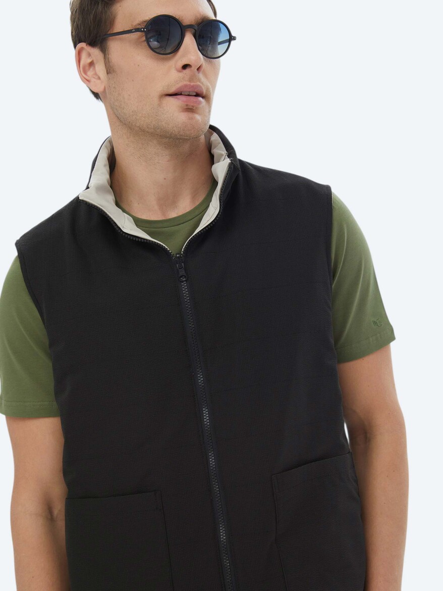 Black Regular Fit Hidden Hood Casual Weaving Double-Sided Puffer Vest - 3