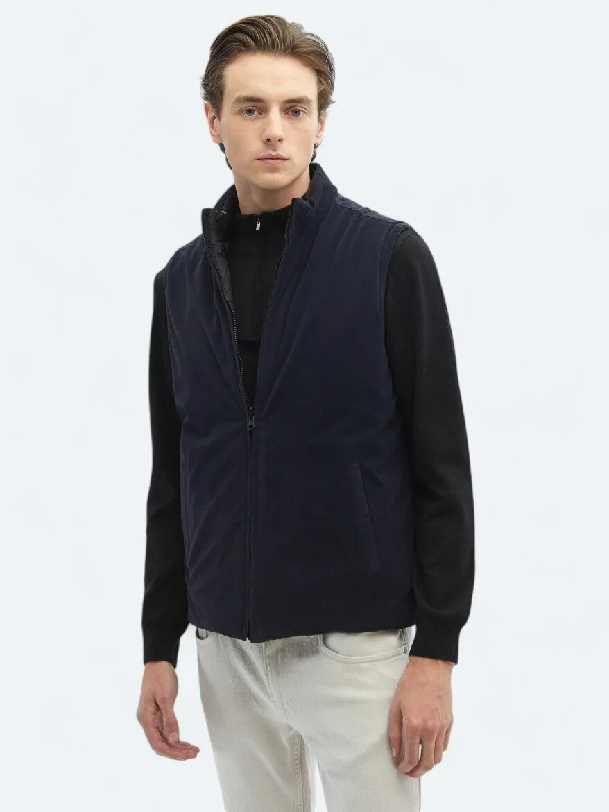 Black Regular Fit Hidden Hood Casual Weaving Puffer Vest - 2