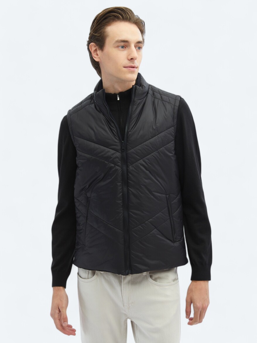 Black Regular Fit Hidden Hood Casual Weaving Puffer Vest - 8