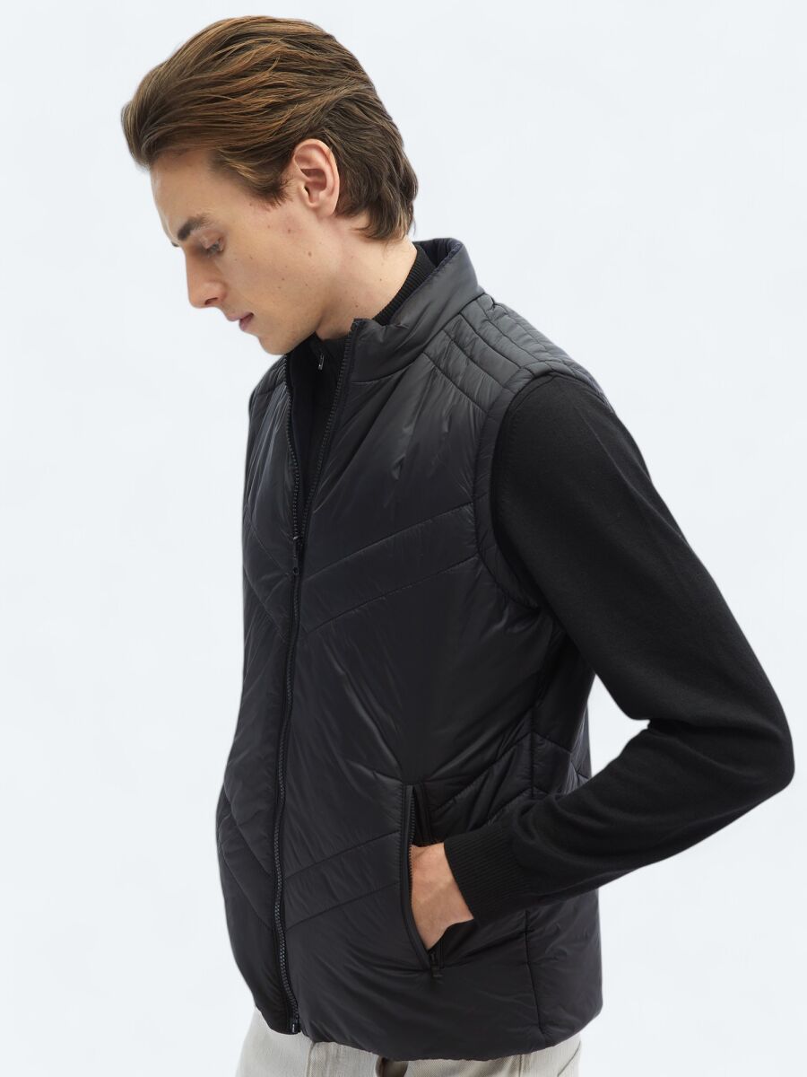 Black Regular Fit Hidden Hood Casual Weaving Puffer Vest - 9