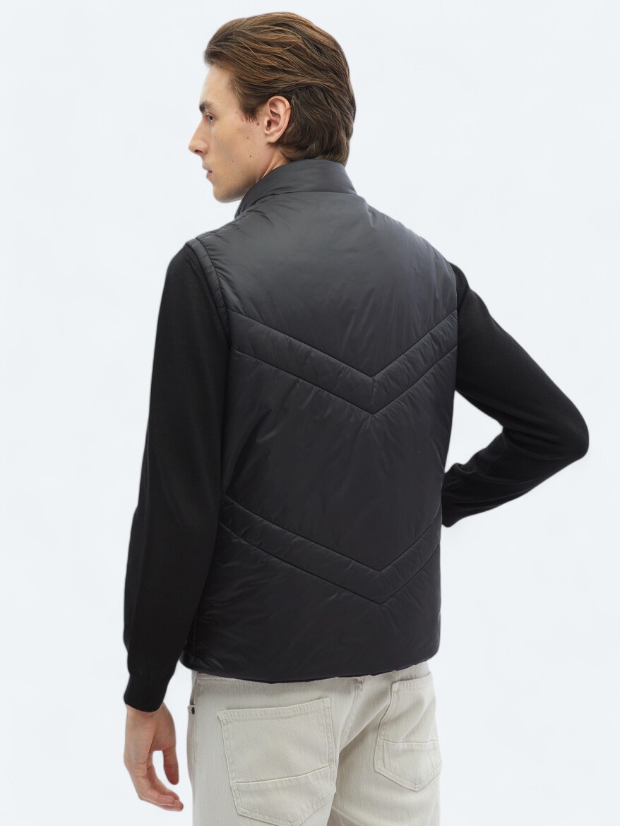 Black Regular Fit Hidden Hood Casual Weaving Puffer Vest - 12