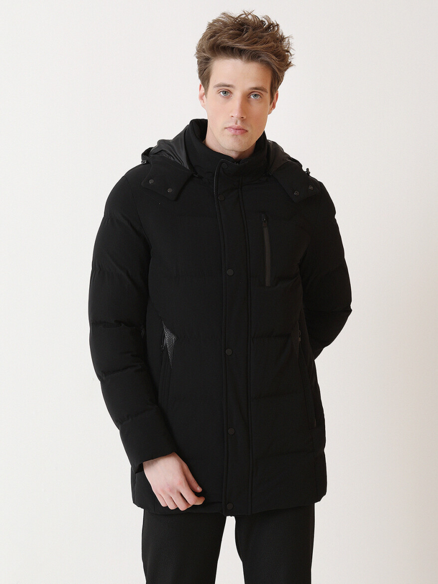 Black Regular Fit Hooded Casual Weaving Coat - 1