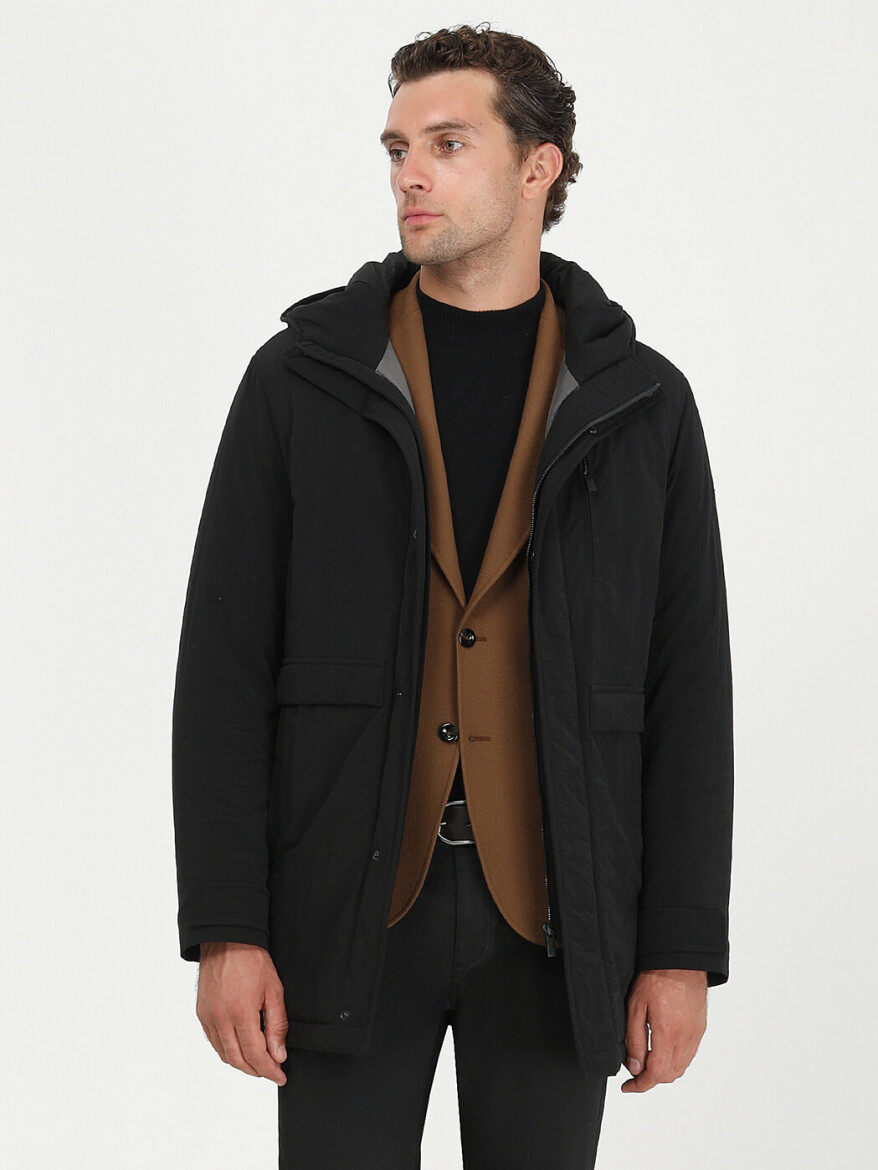 Black Regular Fit Hooded Casual Weaving Coat - 1
