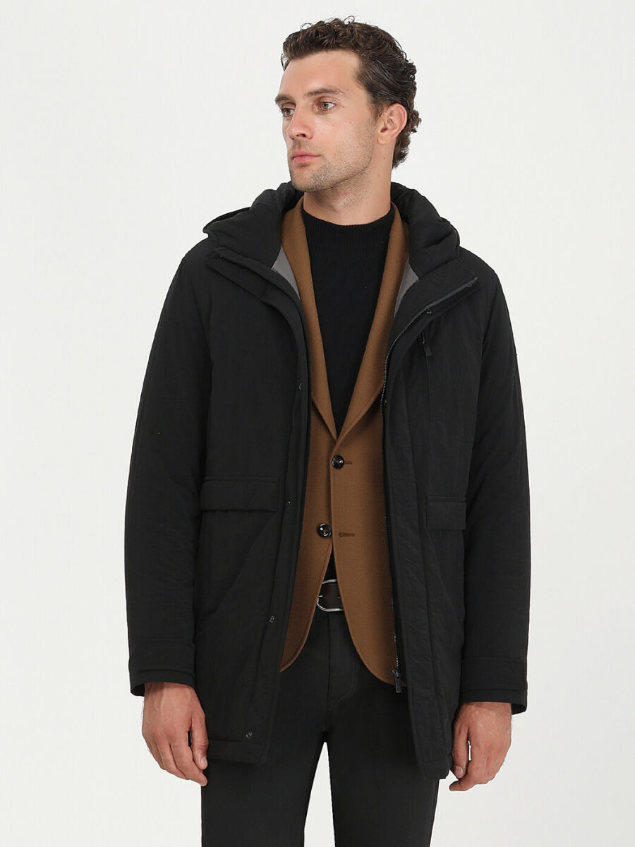 Black Regular Fit Hooded Casual Weaving Coat - 1