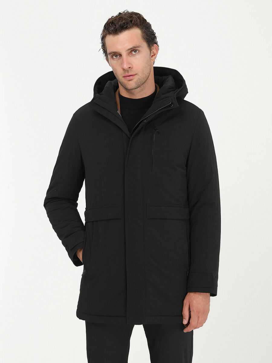 Black Regular Fit Hooded Casual Weaving Coat - 2